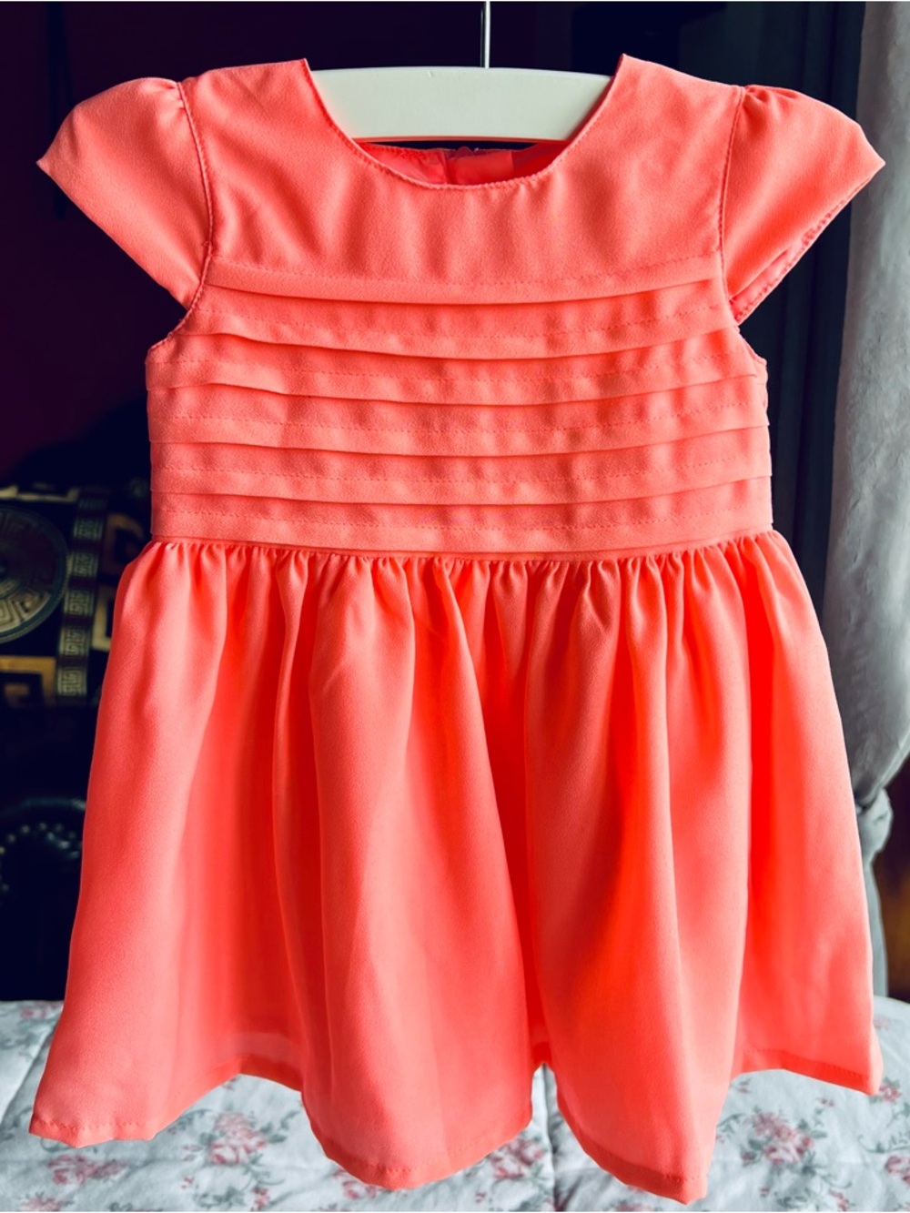 Girls' Coral Pleated Bodice Casual Dress